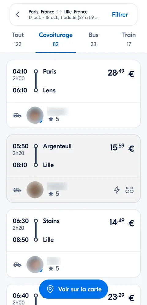 BlaBlaCar app, carpool, bus and train results