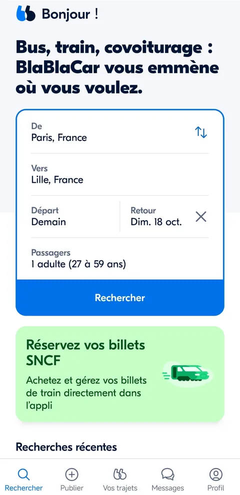BlaBlaCar app, searching for a Paris → Lille ride
