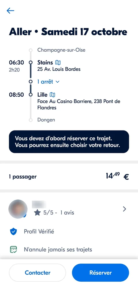 BlaBlaCar app, ride details before booking