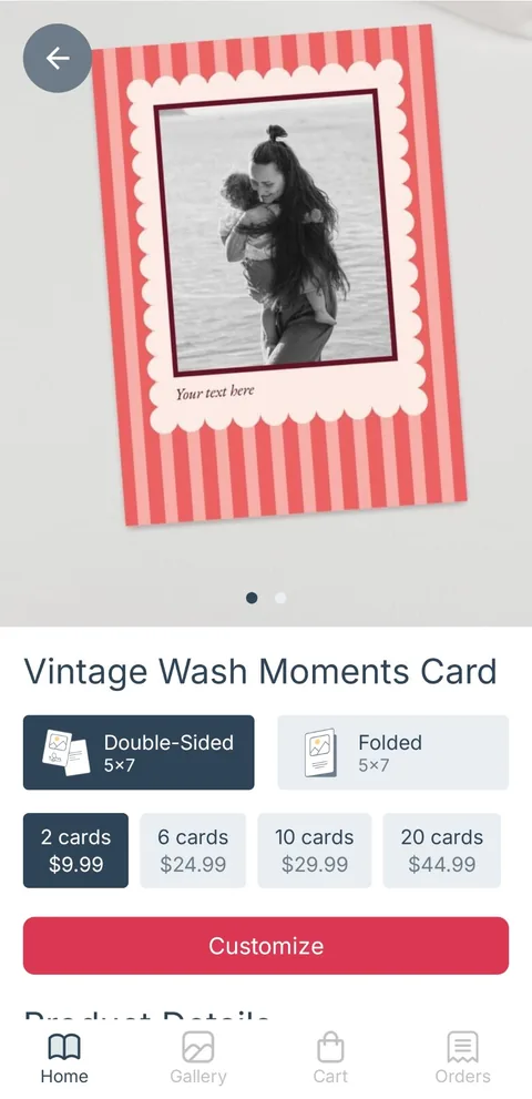 Picta Photo, a photo card with its formats and prices