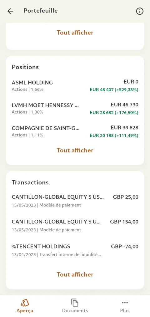 Pictet Wealth, positions and transactions of a test portfolio