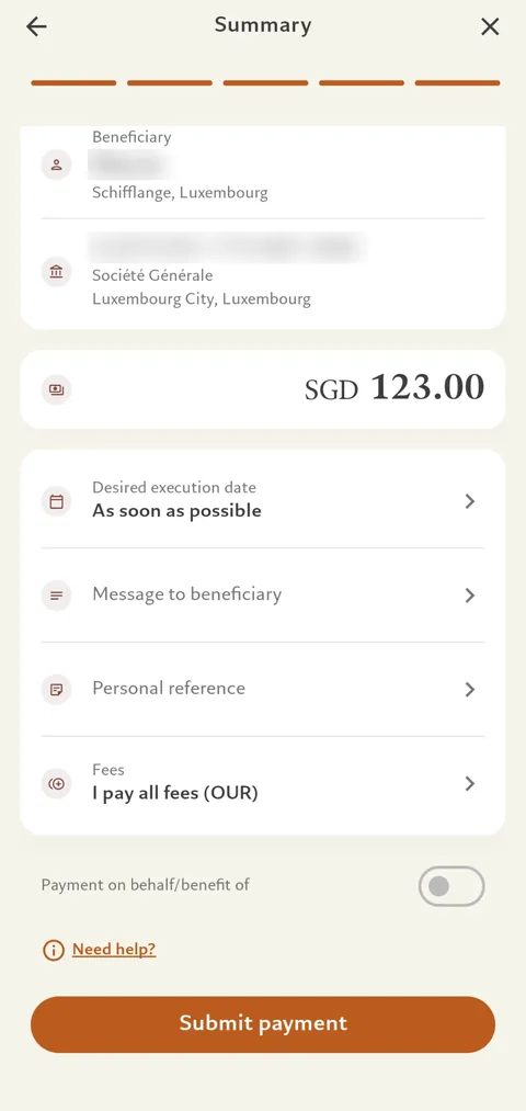 Pictet Wealth, a payment summary before it is sent